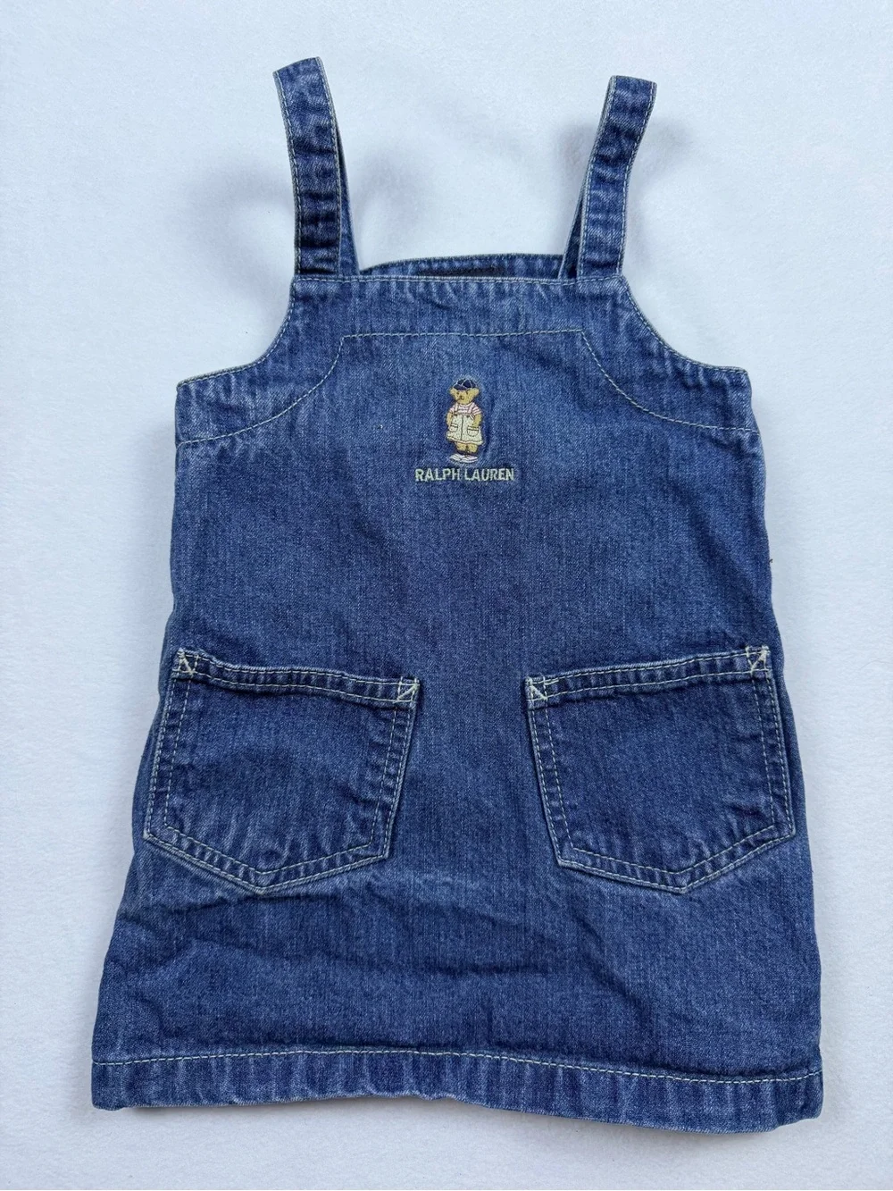 Ralph Lauren Baby Denim Jumper Dress Size 12-18M Embroidered Bear Blue Overalls